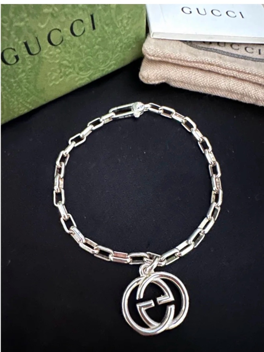 Gucci Trademark Paperclip Chain Charm Bracelet Sterling Silver